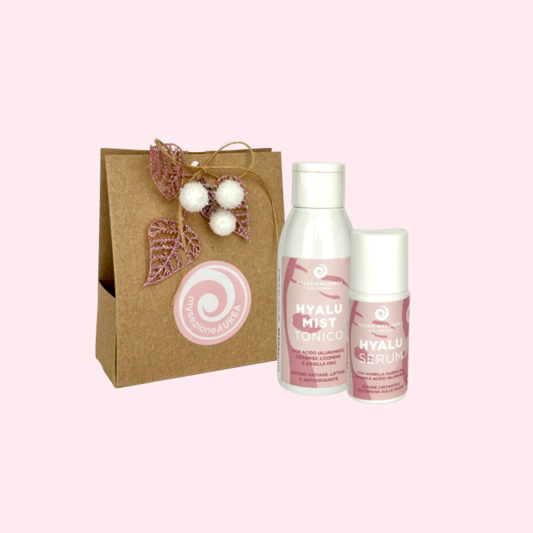 Scatolina Origami fatta a mano con Tonico Mist travel size e mini Siero Viso con acido Ialuronico